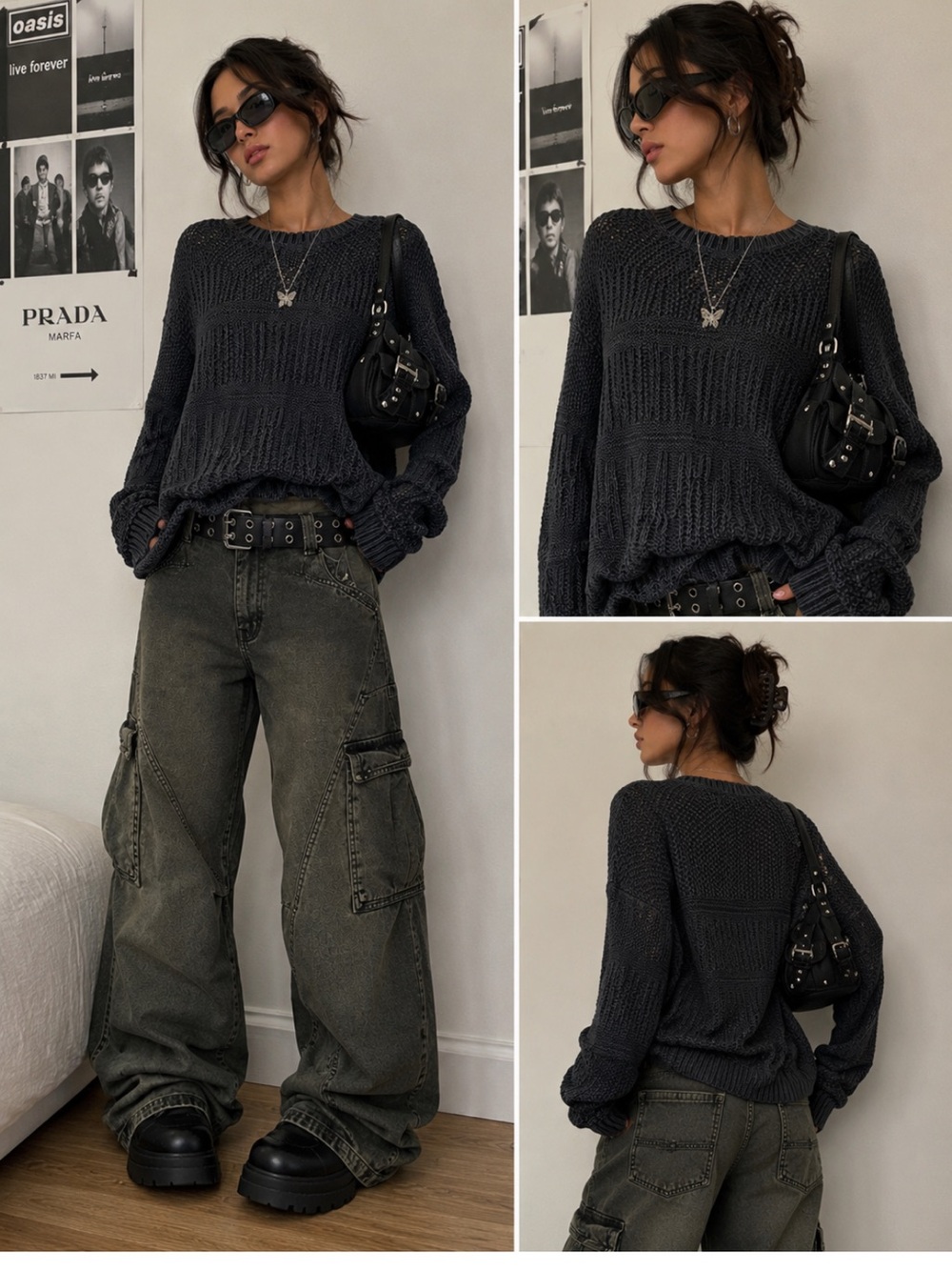 RVCA Charcoal Textured Crewneck Sweater Y2K destructive knit